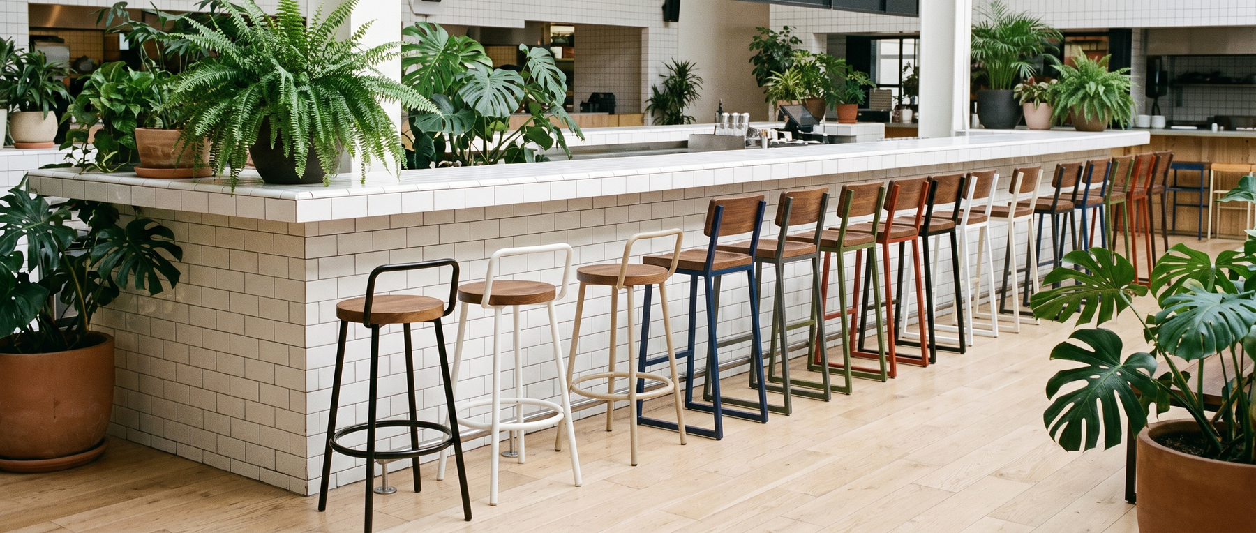Barra de food hall con doce bancos Casa Ferro en ocho tonos de estructura