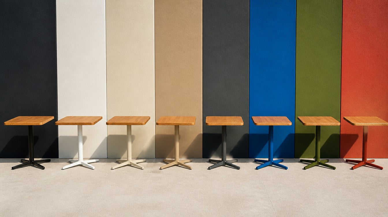 Ocho mesas de madera con bases de acero en ocho tonos frente a paneles de color