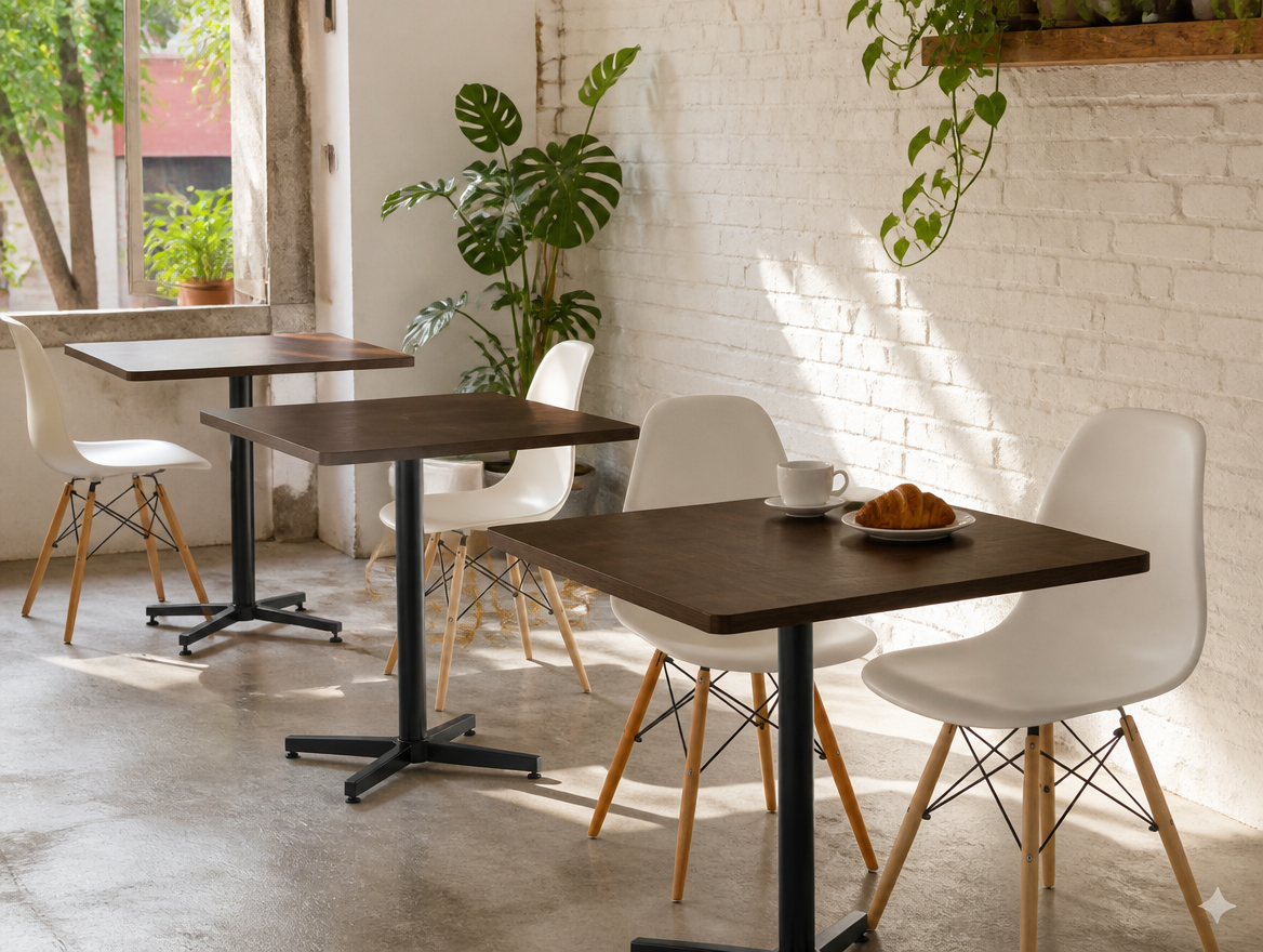 Mesas de MDF 60×60 con sillas Eames en cafetería de especialidad
