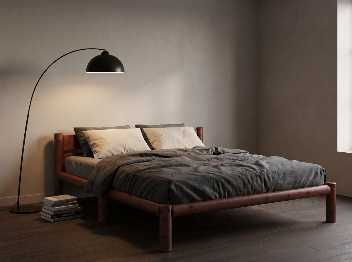 Cama de madera Nara en acabado Nogal, tono café rojizo