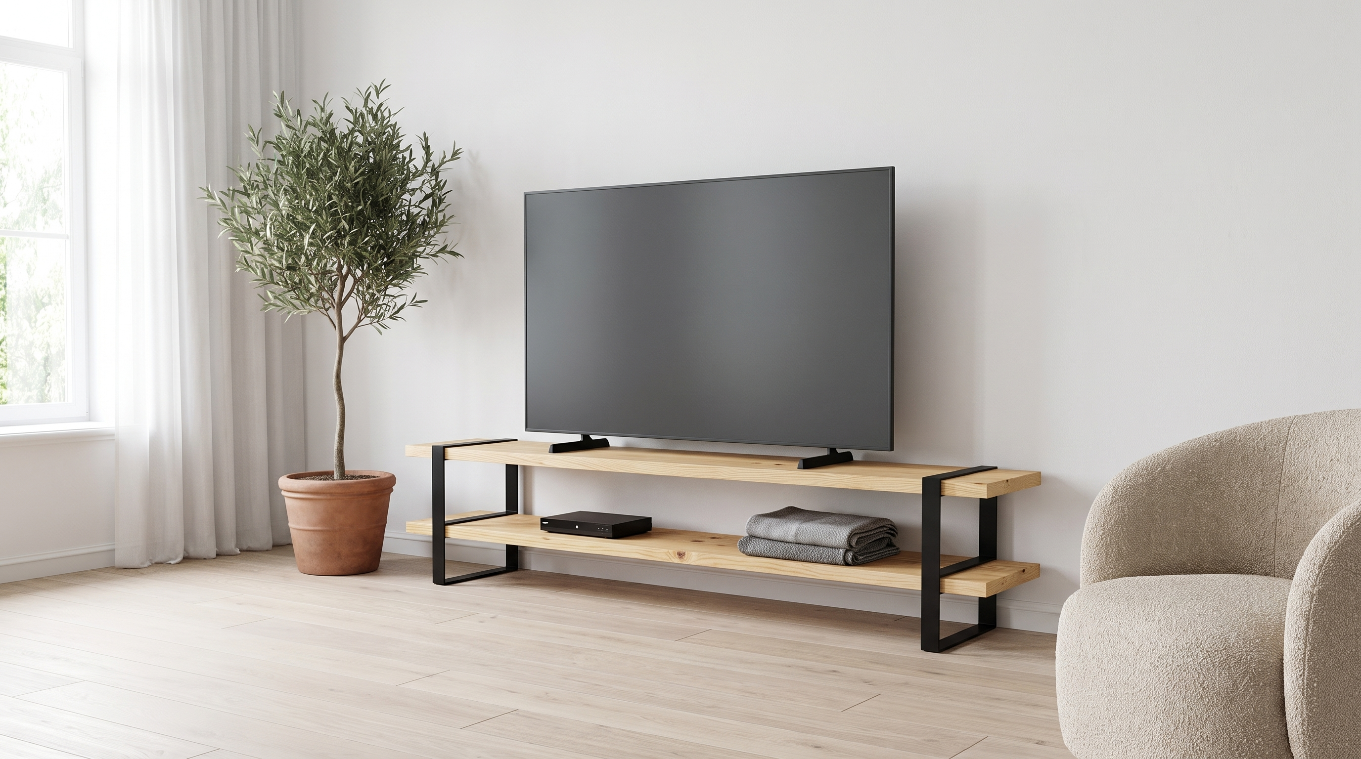 Mueble para TV de pino natural de 2.00 m con pantalla de 85 pulgadas en sala luminosa