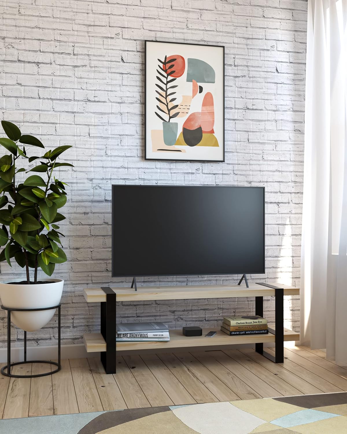 Mueble para TV de pino natural de 1.20 m en un departamento