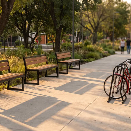 Mobiliario urbano Casa Ferro: bancas de parque y biciestacionamientos