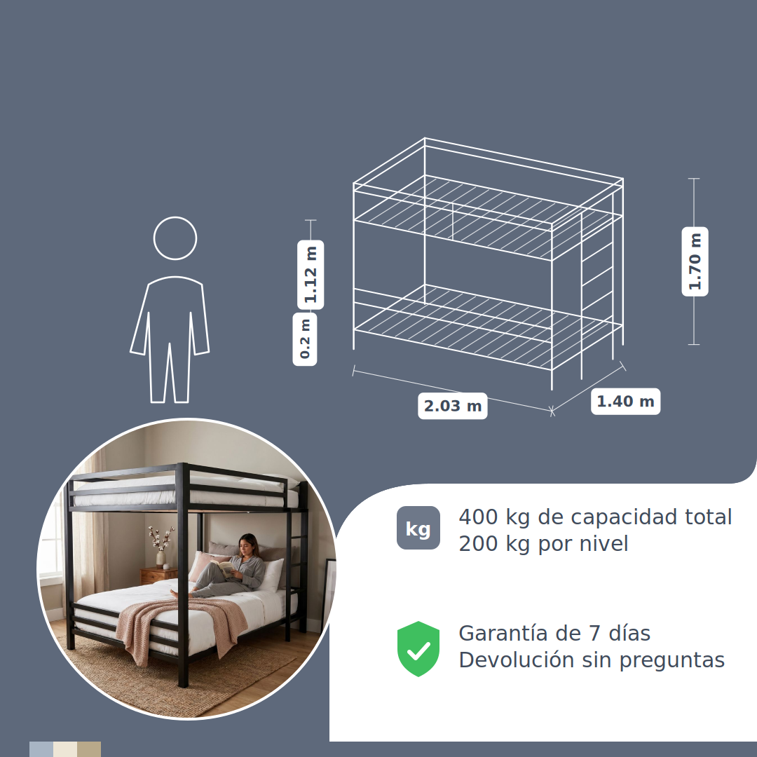 Diagrama de medidas de Litera Matrimonial de dos niveles - Estilo Industrial - Acero Negro