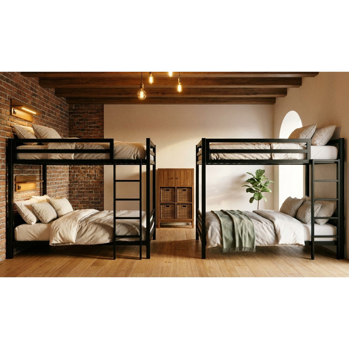 Litera individual de acero Casa Ferro en habitación de estilo industrial con muro de ladrillo