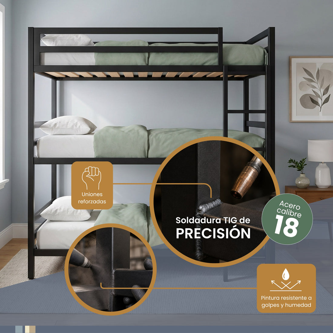 Litera Triple para Niños y Adultos - Estilo Industrial - Acero Negro