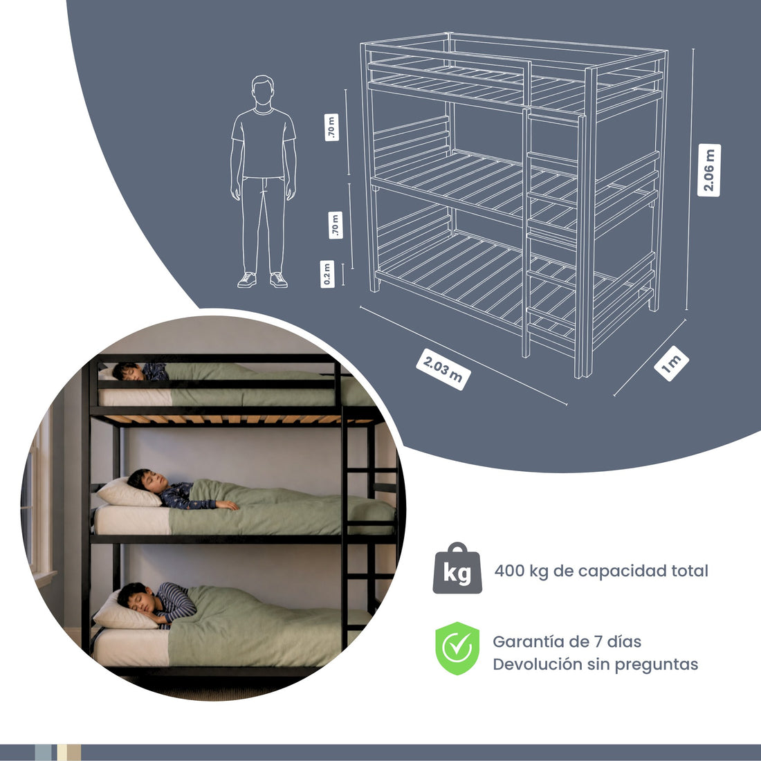 Diagrama de medidas de Litera Triple para Niños y Adultos - Estilo Industrial - Acero Negro