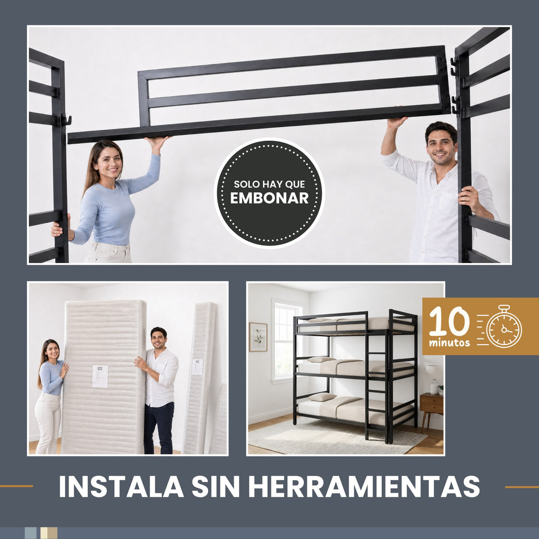 Armado de Litera Triple para Niños y Adultos - Estilo Industrial - Acero Negro