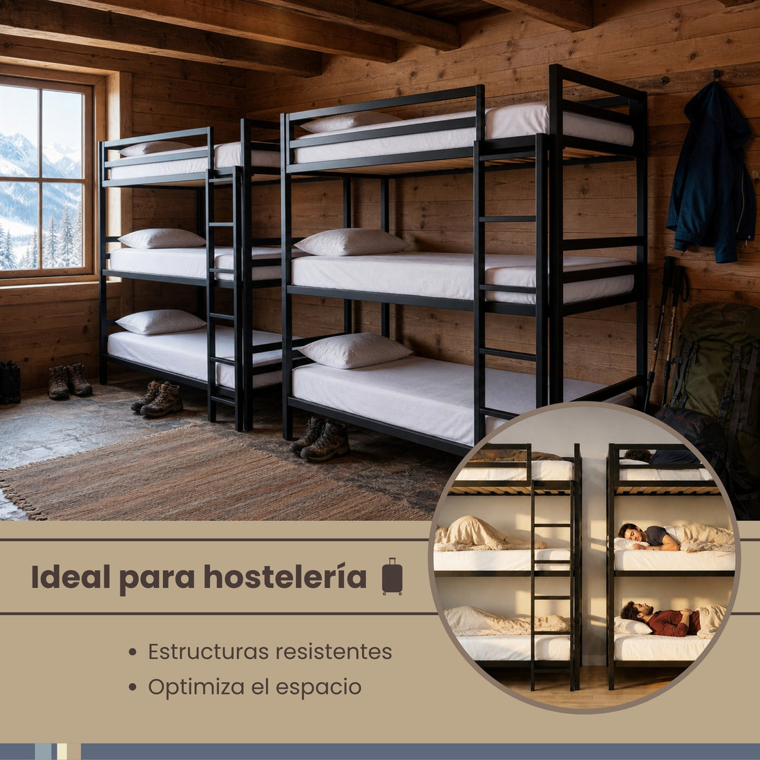 Litera Triple para Niños y Adultos - Estilo Industrial - Acero Negro