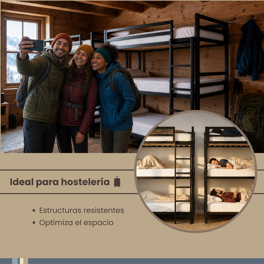 Litera Triple para Niños y Adultos - Estilo Industrial - Acero Negro