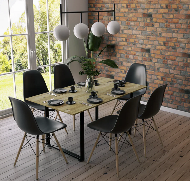 Juego de Mesa de Madera Pino Natural interior - Madera y Acero Mesa rectangular + 6 sillas negras - Casa Ferro