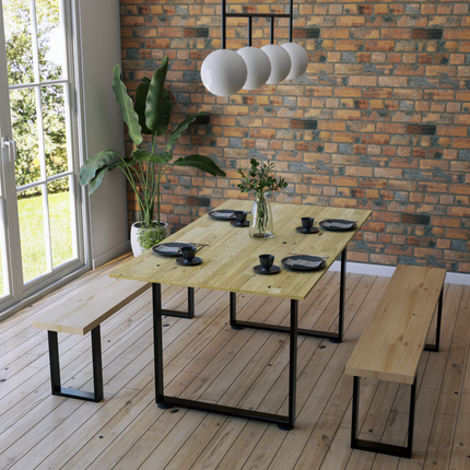 Juego de Mesa de Madera Pino Natural interior con bancas - Madera y Acero