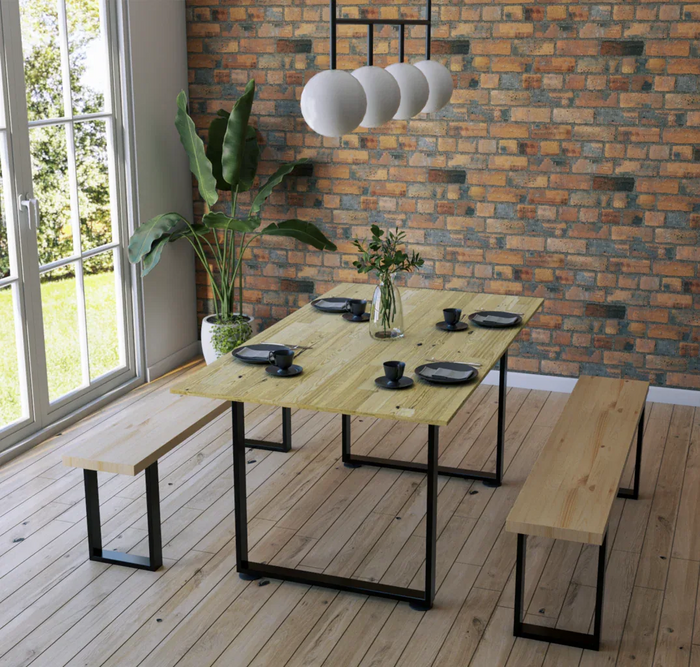 Juego de Mesa de Madera Pino Natural interior con bancas - Madera y Acero Mesa + 2 Bancas - Casa Ferro