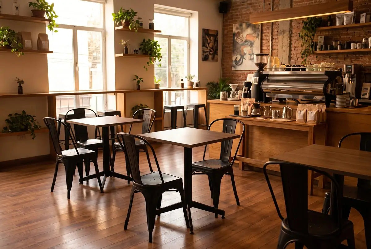 Kit cafetería 20 comensales: mesas para 2 personas y sillas Tolix Casa Ferro