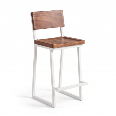 Banco de Acero y Madera con Respaldo y Reposapiés en blanco