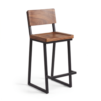 Banco de Acero y Madera con Respaldo y Reposapiés en negro