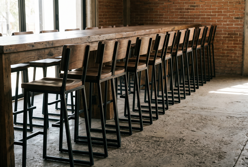 Kit de 10 bancos con respaldo y reposapiés en la barra de una cervecería