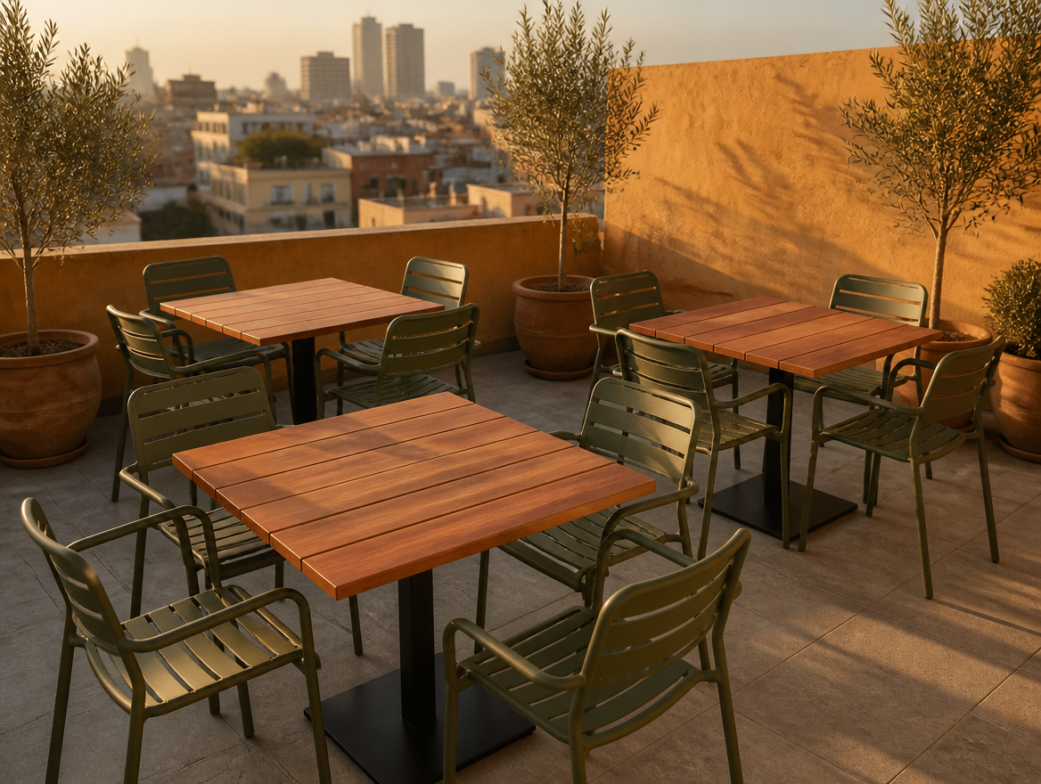 Mesas de cumarú 100×100 con plato de acero y sillas Vivanti en terraza de hotel