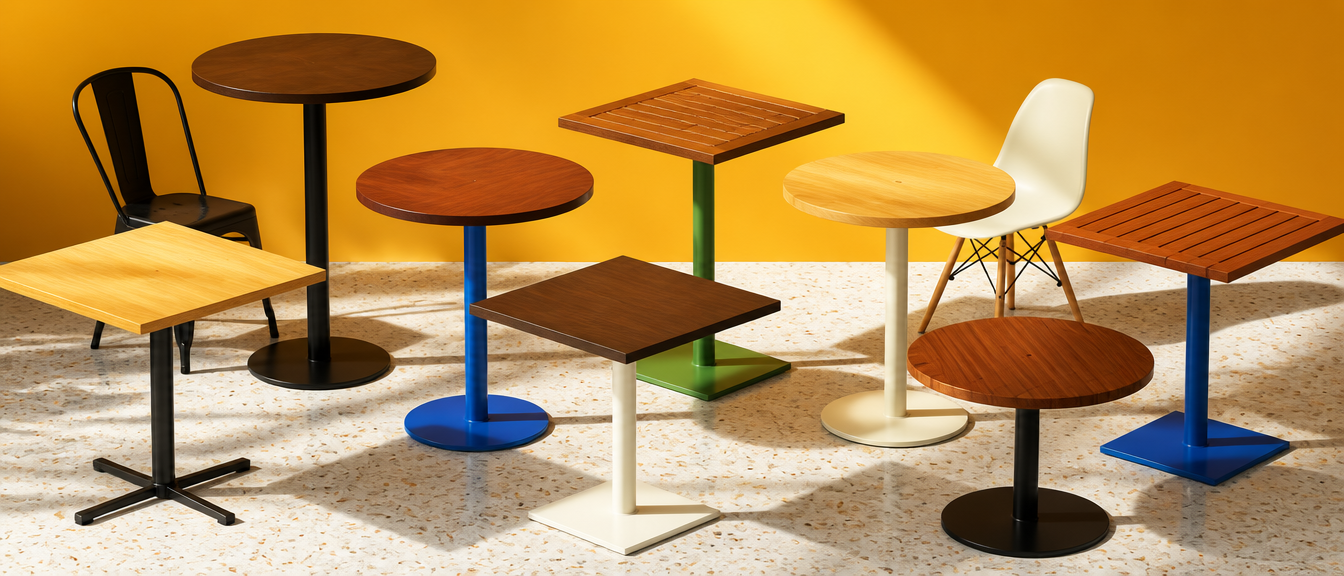 Colección de mesas de madera para restaurante Casa Ferro: seis medidas, cinco maderas, bases de acero y fierro fundido en negro y en color, con sillas