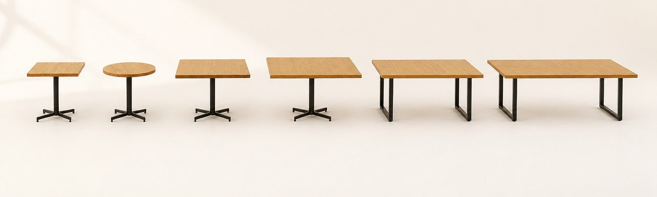Medidas de mesas para restaurante a escala: 60×60, Ø60, 80×80, 100×100, 150×90 y 200×90 cm