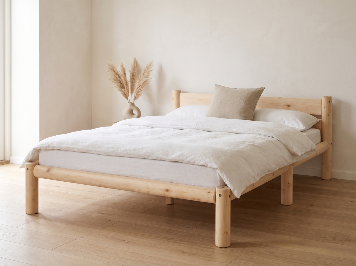 Cama de madera Nara en acabado Natural con ropa de cama blanca
