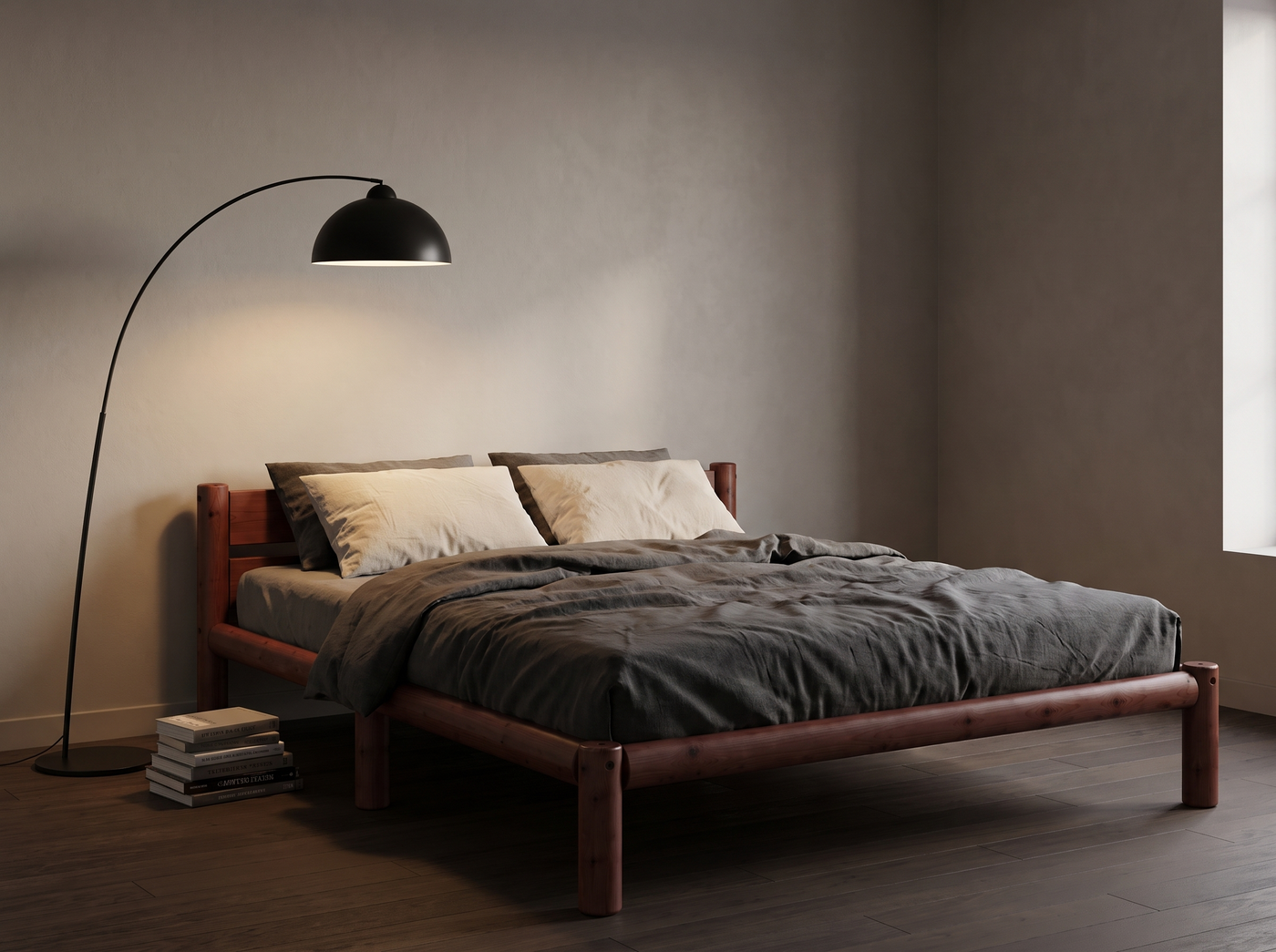 Cama de madera Nara de pino macizo en una habitación de hotel boutique