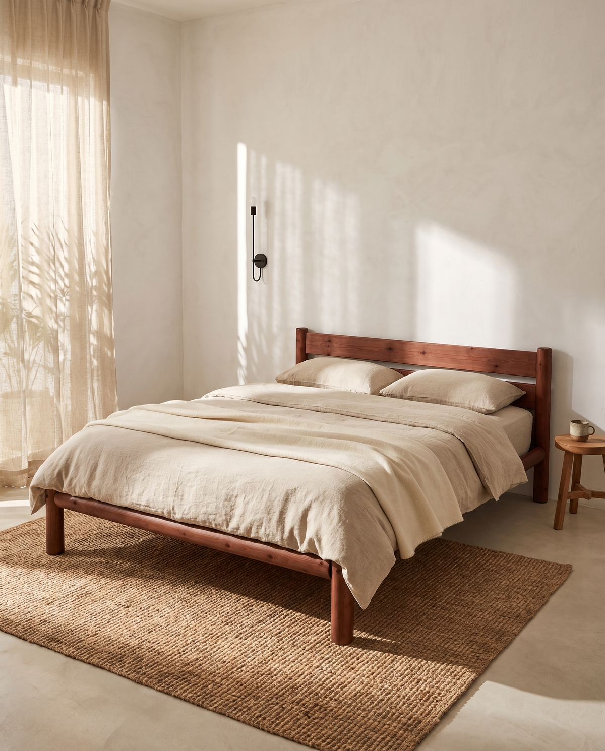Recámara con la cama de madera Nara en acabado Nogal, vestida con lino natural, fabricada por Casa Ferro en CDMX