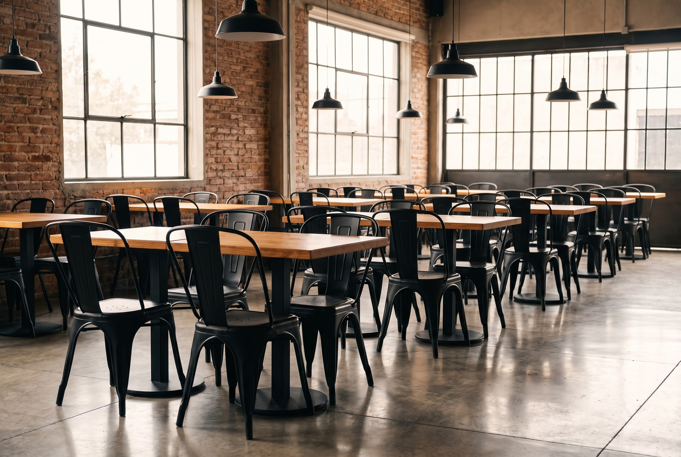Comedor de restaurante industrial con sillas Tolix negras y mesas de madera con base de acero