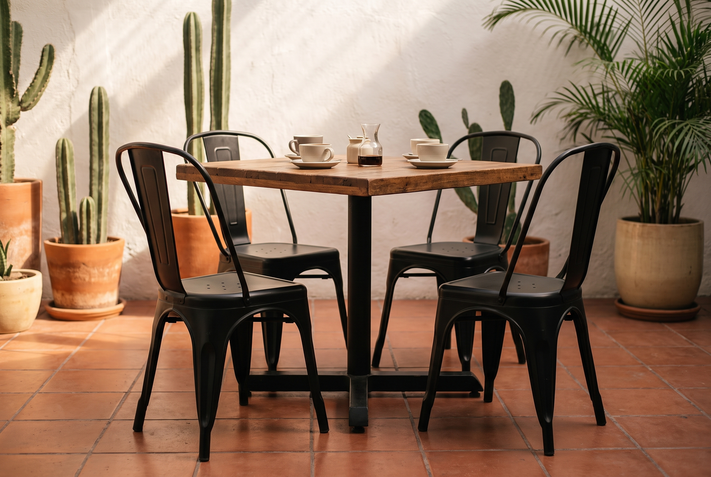 Sillas Tolix negras de acero alrededor de una mesa de madera en la terraza de una cafetería