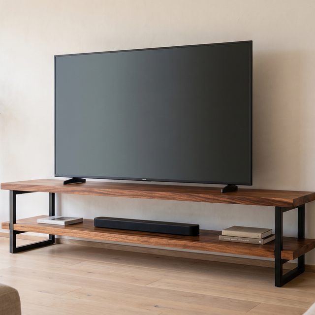 Mueble para TV de madera de parota y acero negro de 2.00 m con pantalla de 85 pulgadas en una sala con luz natural