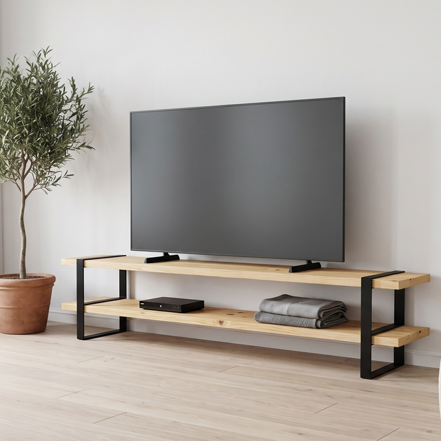 Mueble para TV de pino natural de 2.00 m con pantalla de 85 pulgadas en sala luminosa