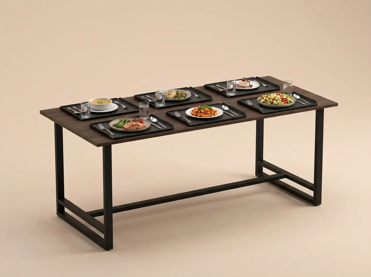 Mesa para comedor industrial de 195 cm con seis charolas de 35 por 45 cm