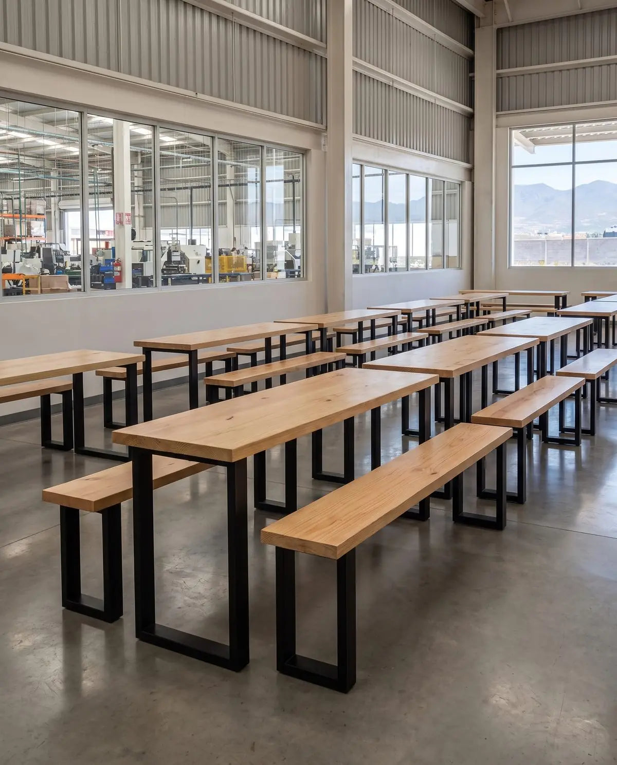 Comedor de empleados con mesas y bancas de pino