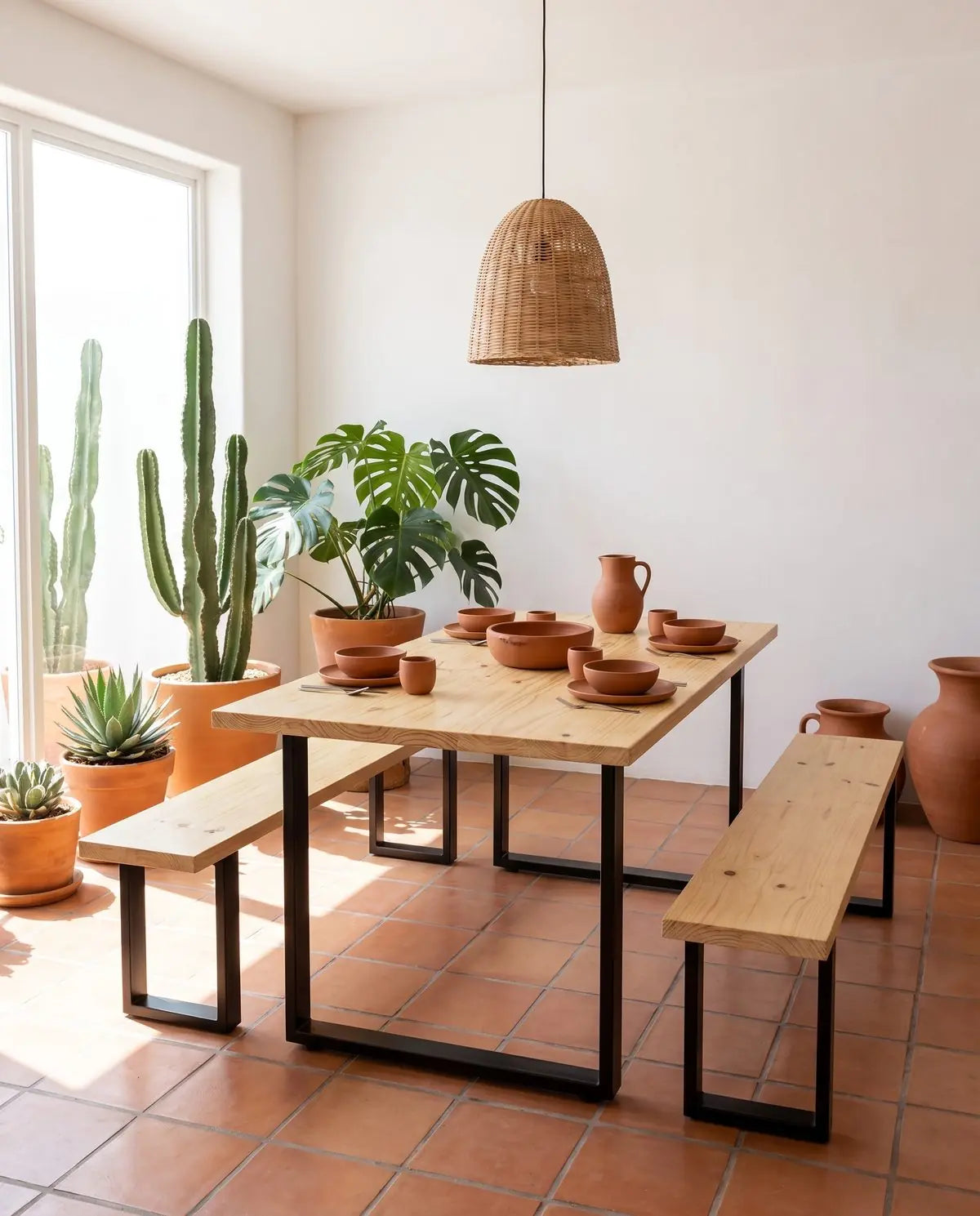 Kit comedor de empresa 48 personas: mesas de pino con bancas Casa Ferro