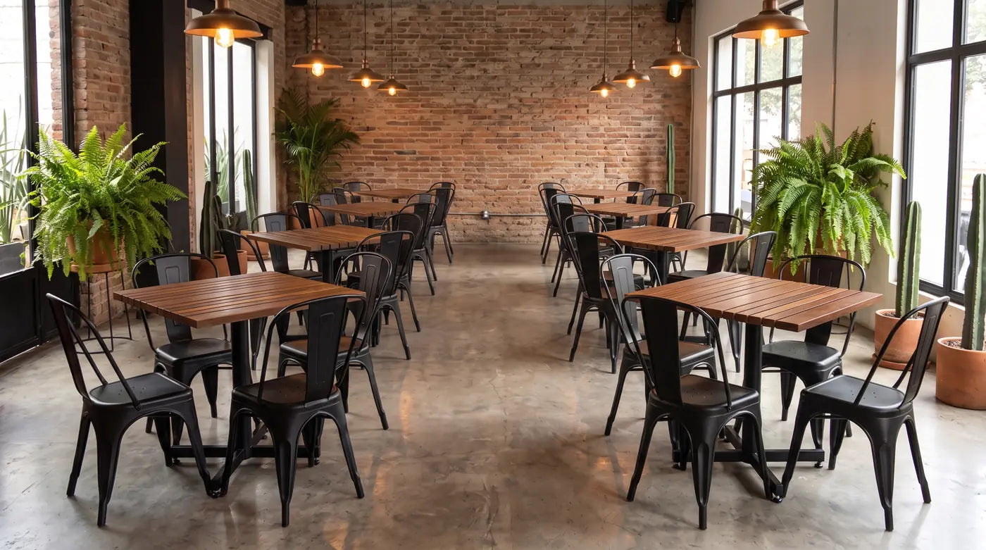Restaurante con mesas de cubierta de cumarú en listones y estructura de herrería Casa Ferro