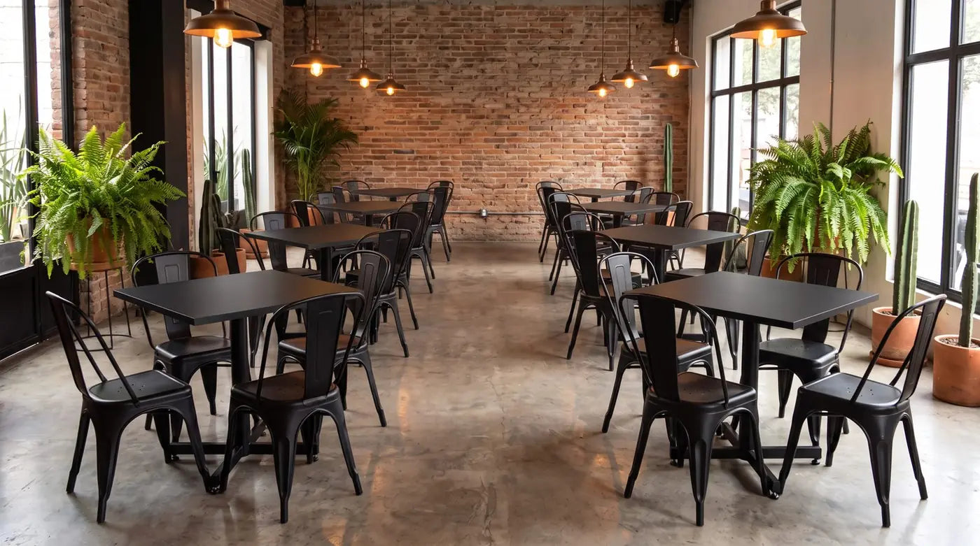 Restaurante con mesas de cubierta MDF y estructura de herrería Casa Ferro