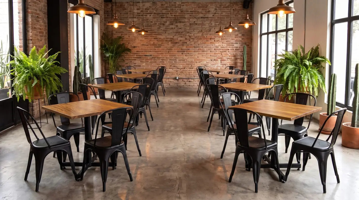 Restaurante con mesas de cubierta de parota y estructura de herrería Casa Ferro