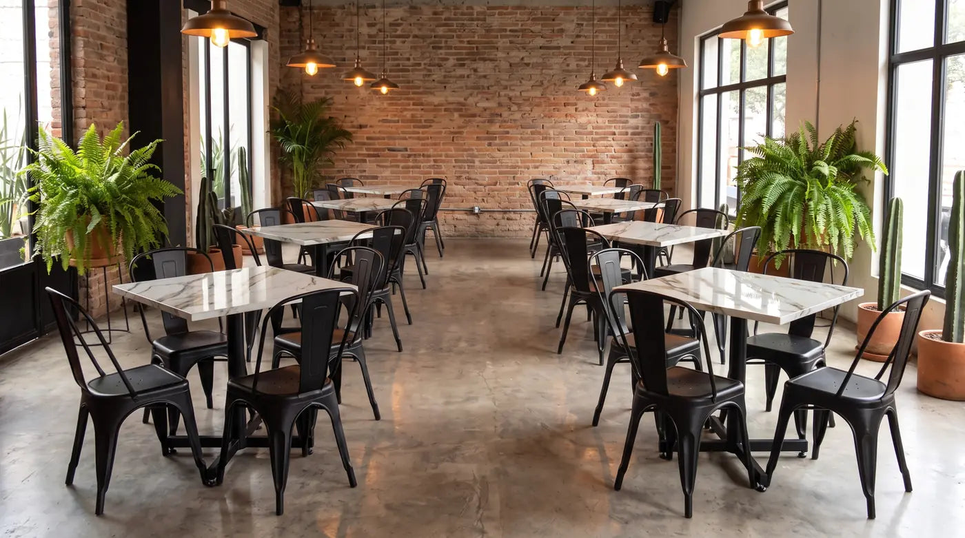 Restaurante con mesas de cubierta de piedra sinterizada Calacatta y estructura de herrería Casa Ferro
