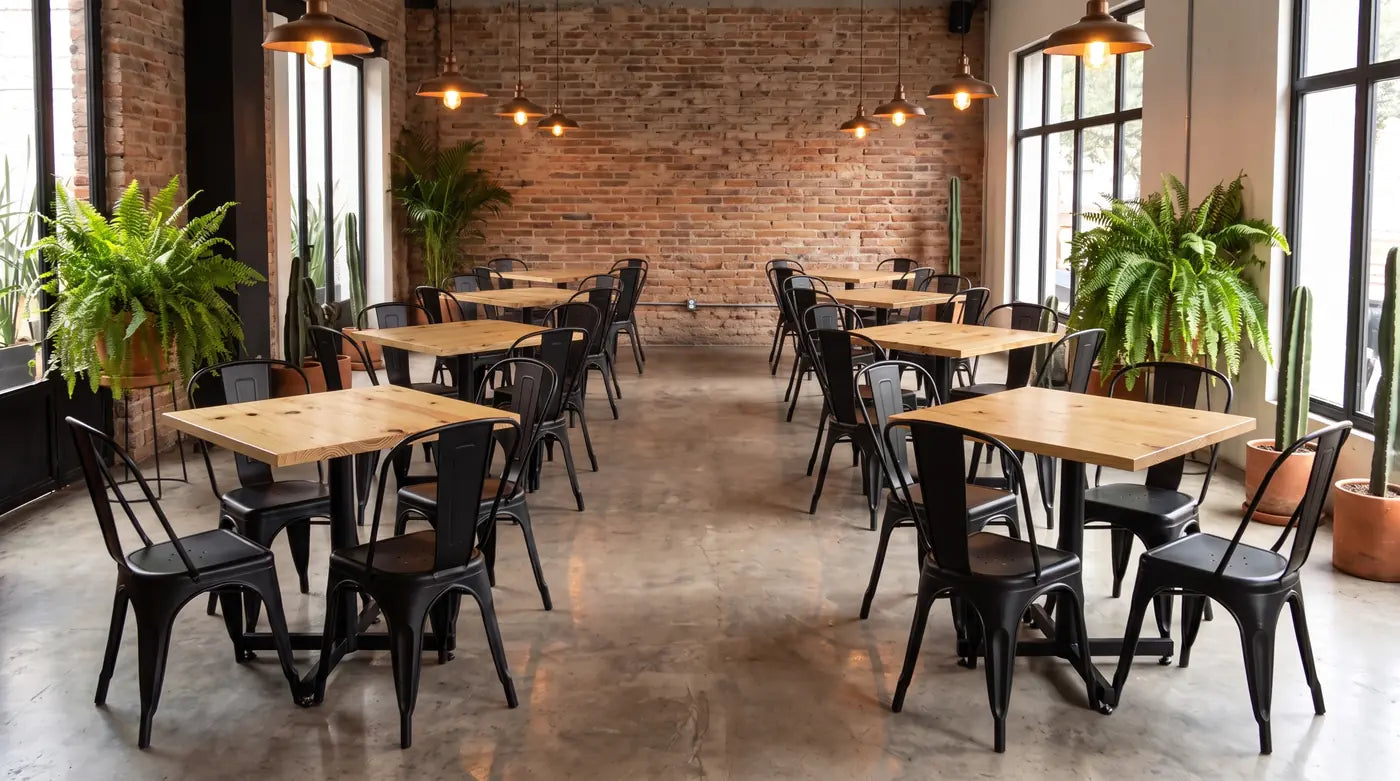 Restaurante con mesas de cubierta de pino y estructura de herrería Casa Ferro