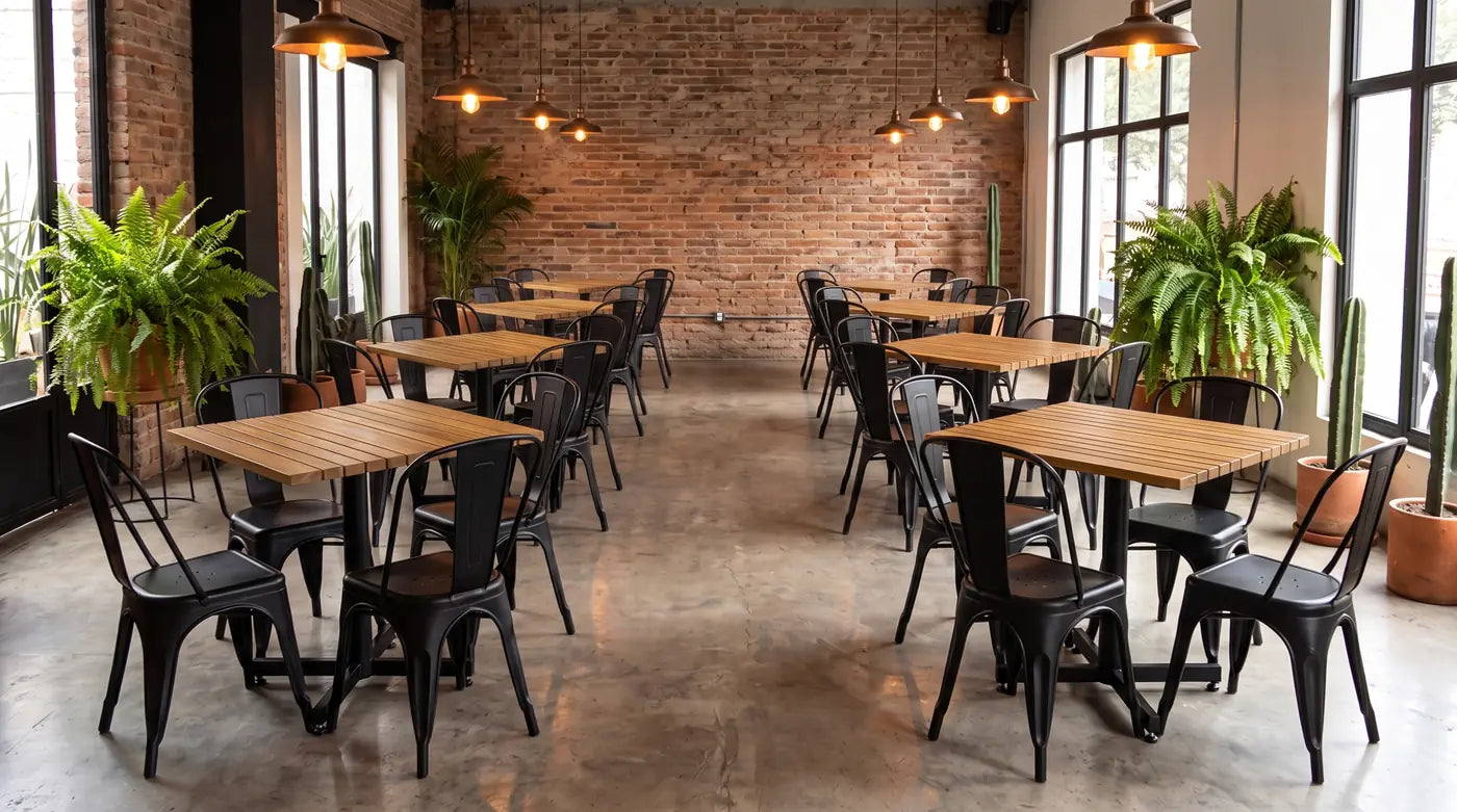 Restaurante con mesas de cubierta de teka en listones y estructura de herrería Casa Ferro