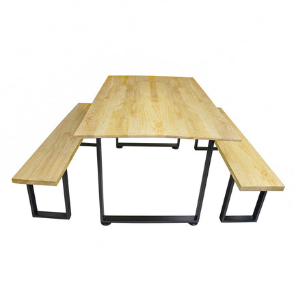 Juego de Mesa de Madera Pino Natural interior con bancas - Madera y Acero