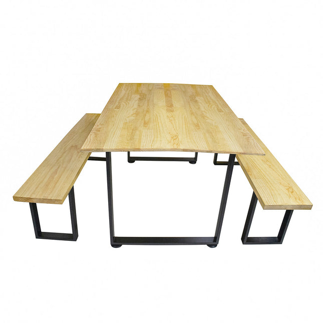 Juego de Mesa de Madera Pino Natural interior con bancas - Madera y Acero