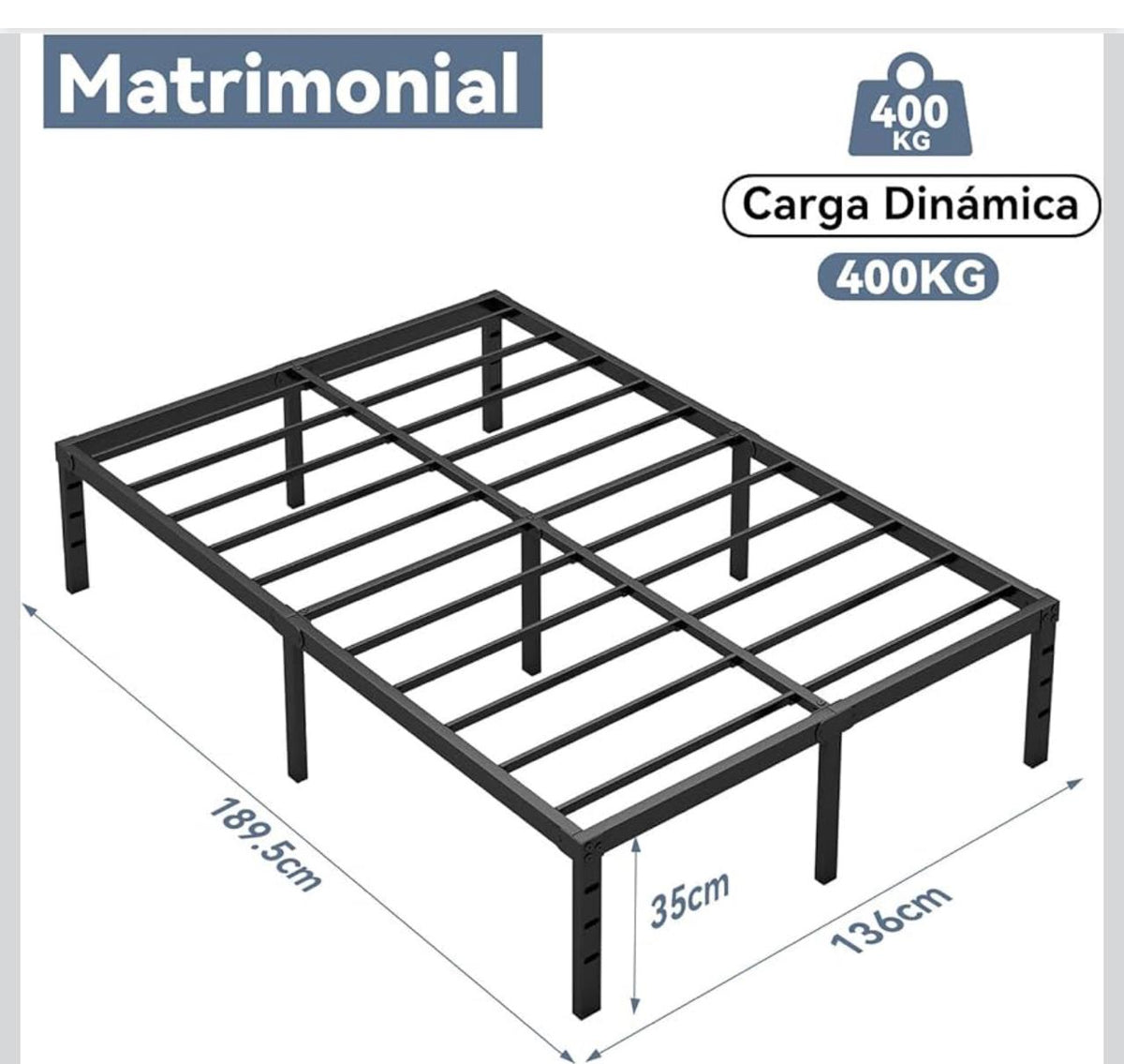 Plataforma de acero matrimonial para hotel 189.5 × 136 × 35 cm, 400 kg