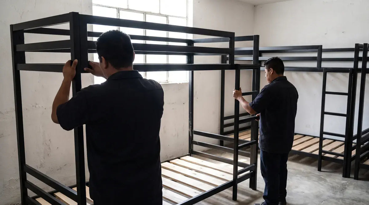 Instaladores de Casa Ferro armando una litera de acero