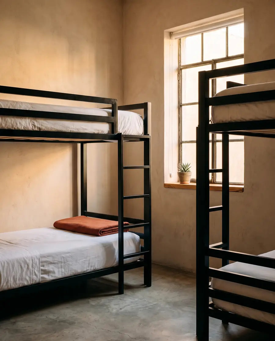 Literas de acero negro Casa Ferro en dormitorio de hostal en México