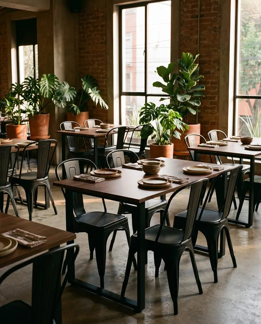 Muebles de madera y herrería estilo industrial: mesas de cumarú y sillas Tolix de Casa Ferro en un restaurante de CDMX