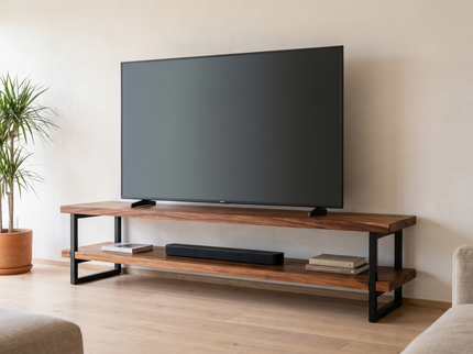Mueble para TV de madera de parota y acero negro de 2.00 m con pantalla de 85 pulgadas en una sala con luz natural