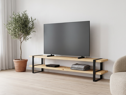 Mueble para TV de pino natural de 2.00 m con pantalla de 85 pulgadas en sala luminosa