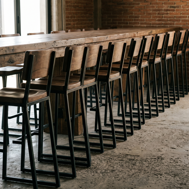 Kit de 10 bancos con respaldo y reposapiés en la barra de una cervecería