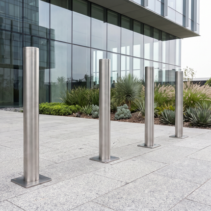 Bolardos Polanco de acero inoxidable en acceso corporativo